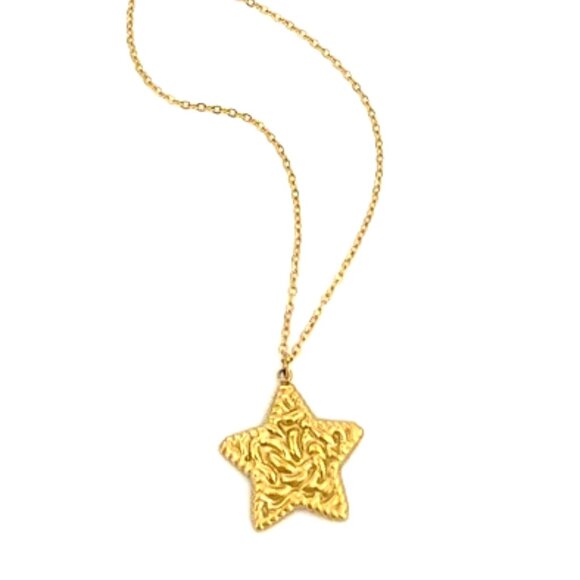 18K GOLD DIPPED PENTAGRAM TEXTURED NECKLACE ON A SLIM CHAIN - Picture 1 of 1
